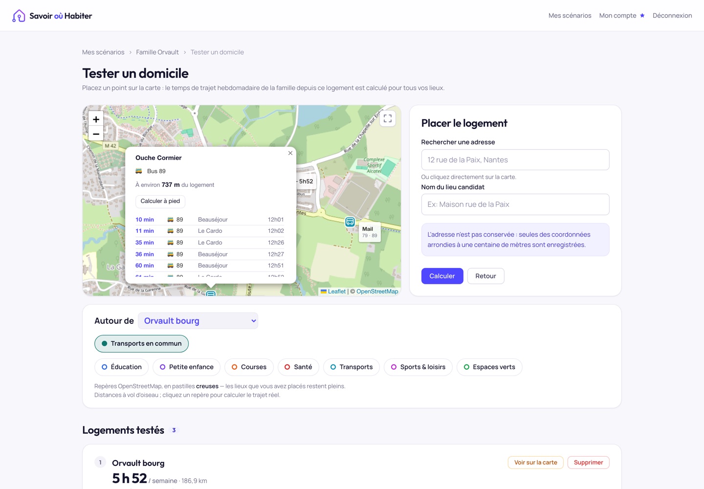 Bulle d'information sur l'arrêt Ouche Cormier : ligne bus 89, situé à environ 737 mètres du logement, avec les prochains départs vers Beauséjour et Le Cardo et leurs horaires.