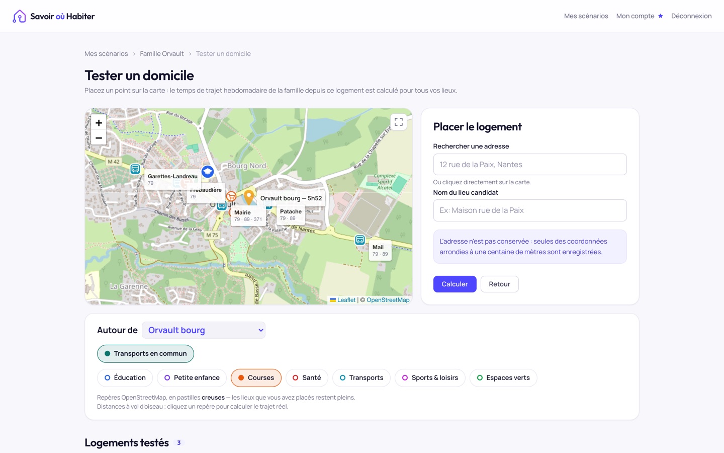 Même carte avec en plus les commerces alimentaires issus d'OpenStreetMap, affichés en pastilles creuses pour les distinguer des lieux placés par l'utilisateur, qui restent pleins.